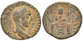 ARABIA. Bostra. Elagabalus, 218-222. Ae (bronze, 3.99 g, 15 mm). Laureate head right. Rev. Motab altar on which are three piles of holy stones, topped...