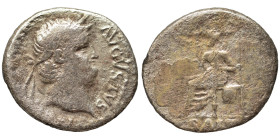 Nero, 54-68. Denarius (silver, 2.60 g, 18 mm), Rome. [NERO CAESAR AVGVSTVS] Laureate head right. Rev. SALVS Salus seated left on ornamented throne, ho...