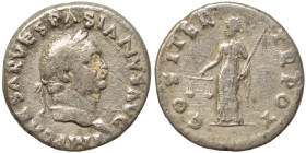Vespasian, 69-79. Denarius (silver, 2.98 g, 17 mm), Rome. IMP CAESAR VESPASIANVS AVG Laureate head of Vespasian to right. Rev. COS ITER TR POT Aequita...