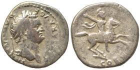 Domitian, as Caesar, 69-81. Denarius (silver, 2.96 g, 18 mm), Rome. CAESAR AVG F DOMITIANVS Laureate head right. Rev. COS V Helmeted warrior riding ho...