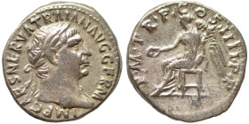 Trajan, 98-117. Denarius (silver, 3.32 g, 18 mm), Rome. IMP CAES NERVA TRAIAN AVG GERM Laureate head to right. Rev. P M TR P COS IIII P P Victory seat...