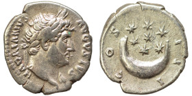 Hadrian, 117-138. Denarius (silver, 2.91 g, 19 mm), Rome. HADRIANVS AVGVSTVS Laureate bust right, with slight drapery. Rev. COS III. Crescent with sev...