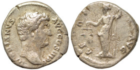 Hadrian, 117-138. Denarius (silver, 3.04 g, 17 mm), Rome. HADRIANVS AVG COS III PP Bare-headed and draped bust right. Rev. AEQVITAS AVG Aequitas stand...