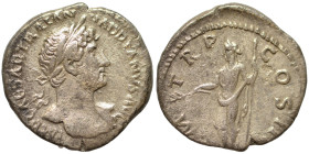 Hadrian, 117-138. Denarius (silver, 2.89 g, 18 mm), Rome. IMP CAESAR TRAIAN HADRIANVS AVG Laureate bust right, with slight drapery. Rev. P M TR P COS ...