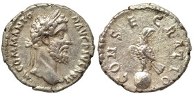 Divus Commodus, 192. Denarius (silver, 3.16 g, 18 mm), Rome. M COMM ANTON AVG PIVS BRIT Laureate head right. Rev. CONSECRATIO Eagle standing left on g...
