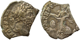 Septimius Severus, 193-211. Denarius (silver, 1.28 g, 17 mm), Rome. SEVERVS AVG [PART MAX] Laureate head right. Rev. P M TR P VIII COS II P P Victory ...