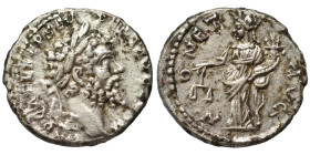 Septimius Severus, 193-211. Denarius (silver, 3.30 g, 17 mm), Emesa. IMP CAE L SEP SEV PERT AVG COS II Laureate head right. Rev. MONET AVG Moneta stan...