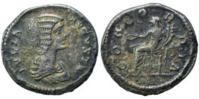 Julia Domna, Augusta, 193-217. Denarius (silver, 2.39 g, 19 mm), Laodicea ad Mare. IVLIA AVGVSTA Draped bust right. Rev. CONCORDIA Concordia seated le...