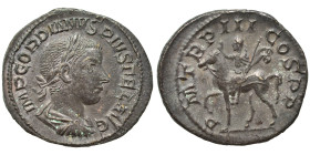 Gordian III, 238-244. Denarius (billon, 2.70 g, 20 mm). Rome. IMP GORDIANVS PIVS FEL AVG Laureate, draped and cuirassed bust right. Rev. P M TR P III ...