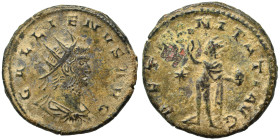 Gallienus, 253-268. Antoninianus (billon, 3.55 g, 20 mm). GALLIENVS P F AVG Radiate and cuirassed bust of Gallienus to right. Rev. AETERNITATI AVG Sol...