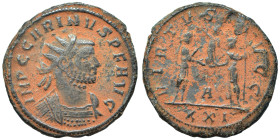 Carinus, 283-285. Antoninianus (bronze, 3.61 g, 21 mm), Antioch. IMP C M AVR CARVS P F AVG Radiate, draped and cuirassed bust of Carus to right. Rev. ...