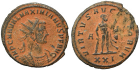 Maximianus, first reign, 286-305. Antoninianus (bronze, 3.08 g, 22 mm), Siscia. IMP C M A VAL MAXIMIANVS P F AVG Radiate, draped and cuirassed bust ri...