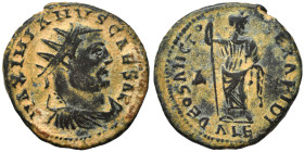 Galerius, as Caesar, 293-305. Follis (bronze, 3.17 g, 19 mm), Alexandria. MAXIMIANVS CAESAR Radiate, draped and cuirassed bust to right. Rev. DEO SANC...
