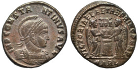 Constantine I, 307/310-337. Follis (bronze, 2.36 g, 18 mm), Arelate. IMP CONSTANTINVS AVG Laureate, helmeted and cuirassed bust right. Rev. VICTORIAE ...