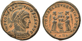 Constantine I, 307/310-337. Follis (bronze, 3.68 g, 18 mm), Arelate (Arles). IMP CONSTANTINVS MAX AVG Helmeted, laureate and cuirassed bust right. Rev...