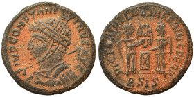 Constantine I, 307/310-337. Follis (bronze, 2.84 g, 17 mm), Siscia. CONSTANTINVS AVG Helmeted, laureate, cuirassed bust left. Rev. VICT LAETAE PRINC P...