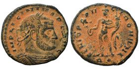 Licinius I, 308-324. Follis (bronze, 4.21 g, 21 mm), Rome. IMP LICINIVS P F AVG Laureate and cuirassed bust right. Rev. GENIO POPV-LI ROMANI Genius of...