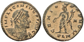 Licinius I, 308-324. Follis (bronze, 4.48 g, 21 mm), Londinium (London). IMP LICINVIS P F AVG Laureate and cuirassed bust right. Rev. GENIO POP ROM Ge...