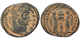 Licinius I, 308-324. Follis (bronze, 2.87 g, 19 mm), Siscia. IMP LICINIVS AVG Laureate head of Licinius I to right. Rev. VICT•LAETAE PRINC PERP Two vi...