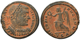 Licinius I, 308-324. Follis (bronze, 3.34 g, 19 mm), Thessalonica. IMP LICI-NIVS AVG Laureate and cuirassed bust right. Rev. VICTORIA AVGG NN Victory ...