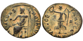 Time of Maximinus II, 310-313. Follis (bronze, 1.18 g, 15 mm), ‘Persecution’ issue, Antioch. IOVI CONSERVATORI Jupiter seated left, holding globe in h...