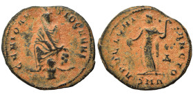Time of Maximinus II, 310-313. Follis (bronze, 1.59 g, 17 mm), ‘Persecution’ issue, Antioch. GENIO ANTIOCHENI Tyche of Antiochia seated facing on rock...