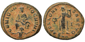Time of Maximinus II, 310-313. Follis (bronze, 1.70 g, 16 mm), ‘Persecution’ issue, Antioch. GENIO ANTIOCHENI Tyche of Antiochia seated facing on rock...