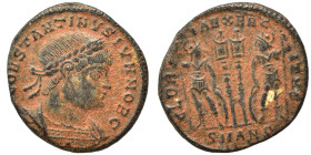 Constantine II, as Caesar, 316-337. Follis (bronze, 2.23 g, 17 mm), Antioch. CONSTANTINVS IVN NOB C Laureate and cuirassed bust to right. Rev. GLORIA ...