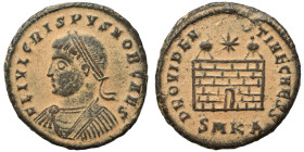 Crispus, as Caesar, 317-326. Follis (bronze, 2.75 g, 18 mm), Cyzicus. FL IVL CRISPVS NOB CAES Laureate, draped and cuirassed bust left. Rev. PROVIDENT...