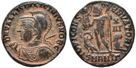 Licinius II, as Caesar, 317-324. Follis (bronze, 4.09 g, 18 mm), Antioch. D N VAL LICIN LICINIVS NOB C Helmeted and cuirassed bust left, holding spear...