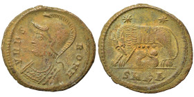 Commemorative Series, 330-354. Follis (bronze, 1.96 g, 18 mm), Cyzicus. VRBS ROMA Helmeted and mantled bust of Roma to left. Rev. She-wolf standing le...
