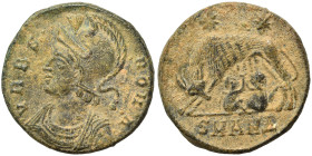 Commemorative Series, 330-354. Follis (bronze, 2.76 g, 16 mm), Alexandria. VRBS ROMA Helmeted and mantled bust of Roma to left. Rev. She-wolf standing...