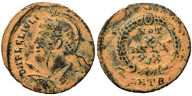 Julian II Apostata, 361-363. Follis (bronze, 2.88 g, 17 mm), Antioch. D N FL CL IVLIANVS P F AVG Diademed, helmeted and cuirassed bust left, holding s...