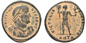 Jovian, 363-364. Ae (bronze, 7.61 g, 27 mm), Antioch. D N IOVIAN-VS P F AVG Laurel and rosette-diademed, draped and cuirassed bust right. Rev. VICTORI...