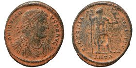 Jovian, 363-364. Ae (bronze, 8.50 g, 29 mm), Antioch. D N IOVIAN-VS P F AVG Laurel and rosette-diademed, draped and cuirassed bust right. Rev. VICTORI...