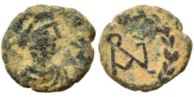 Anastasius I, 491-518. Pentanummium (bronze, 0.85 g, 10 mm), Constantinople. Diademed, draped and cuirassed bust of Anastasius to right. Rev. Monogram...