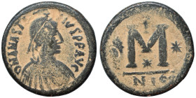 Anastasius I, 491-518. Follis (bronze, 8.78 g, 23 mm), Nicomedia. D N ANASTASIVS P P AVG Pearl diademed, draped and cuirassed bust of Anastasius I to ...
