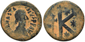 Anastasius I, 491-518. Half follis (bronze, 6.20 g, 19 mm), Nicomedia. D N ANASTASIVS P P AVG Diademed, draped and cuirassed bust right. Rev. Large K;...