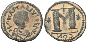 Anastasius I, 491-518. Follis (bronze, 18.38 g, 31 mm), contemporary imitation. Pearl-diademed, draped and cuirassed bust of Anastasius I to right. Re...