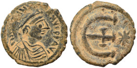 Justinian I, 527-565. Pentanummium (bronze, 2.39 g, 15 mm), Theoupolis (Antioch). D N IVSTINIANVS P P AVG Diademed, draped and cuirassed bust of Justi...
