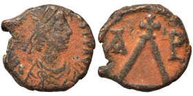 Justinian I, 527-565. 4 Nummi (bronze, 2.34 g, 14 mm), Thessalonica. D N IVSTINIANVS P P AVG Diademed, draped, and cuirassed bust of Justinian I to ri...