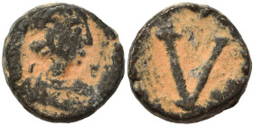Justinian I, 527-565. Pentanummium (bronze, 1.17 g, 10 mm), uncertain mint. Diademed, draped and cuirassed bust right. Rev. Large V within wreath;. SB...
