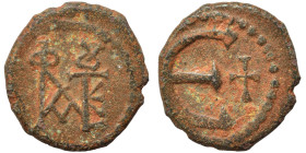Justin II, 565-578. Pentanummium (bronze, 1.78 g, 13 mm), Theoupolis (Antioch). Monogram of Justin II. Rev. Large Є, cross to right. SB 386. Nearly ve...