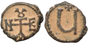 Tiberius II Constantine, 578-582. Pentanummium (bronze, 1.29 g, 13 mm), Theoupolis (Antioch). Monogram of Tiberius II Constantine. Rev. Large Ч; above...