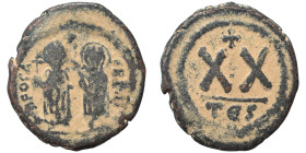 Phocas, with Leontia, 602-610. Half Follis (bronze, 5.56 g, 22 mm). Thessalonica. Phocas, holding globus cruciger, and Leontia, holding cruciform scep...