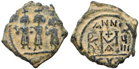 Heraclius, with Martina and Heraclius Constantine, 610-641. Follis (bronze, 5.74 g, 25 mm), Cyzicus. Heraclius between Martina, on left, and Heraclius...