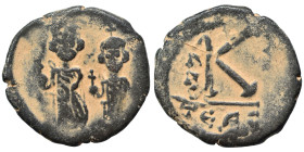 Heraclius, with Heraclius Constantine, 610-641. Half Follis (bronze, 3.17 g, 18 mm), Thessalonica. Heraclius, on the left, standing facing, wearing cr...