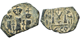 Heraclius, with Martina and Heraclius Constantine, 610-641. Follis (bronze, 4.23 g, 24 mm), imitating Cyprus. Martina, Heraclius, and Heraclius Consta...