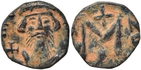 Constans II, 641-668. Follis (bronze, 1.43 g, 14 mm). Crowned and draped bust facing, holding globus cruciger. Rev. Large M; legend around. Nearly ver...