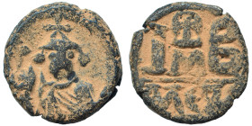 Constans II, 641-668. Follis (bronze, 7.93 g, 21 mm), Alexandria. Constans standing facing, holding long staff surmounted by staurogram in right hand ...